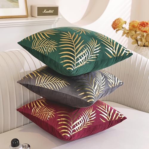 TAOSON 2 Pack Wine Red Velvet Pillow Covers 18x18 with Gold Leaves