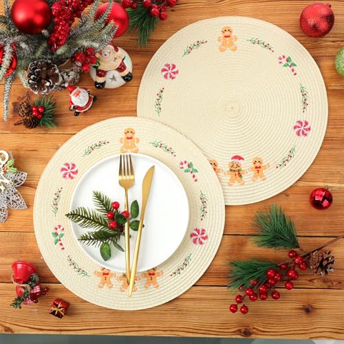 Remerry Christmas Gingerbread Man Round Placemats Set of 6 - Holiday Table Decor