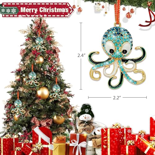Blue Octopus Christmas Ornament - Metal Rhinestone Hanging Decor