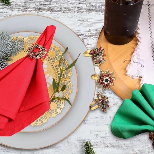 Retro Style Christmas Napkins and Rings Set - 16 Pcs Polyester Holiday Table Decor