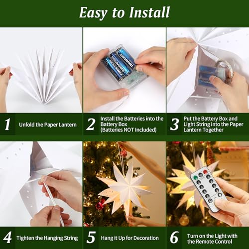 Lewondr C-White Christmas Paper Star Lantern 2PCS with Remote, 8 Lighting Modes & Dimming