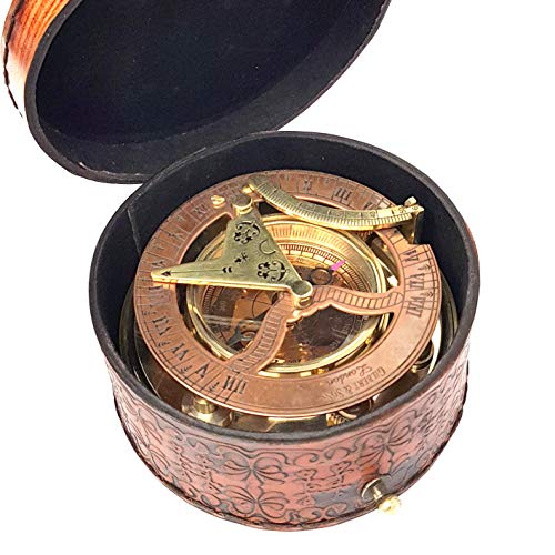 Antique Brass and Copper Sundial Compass with Leather Gift Box