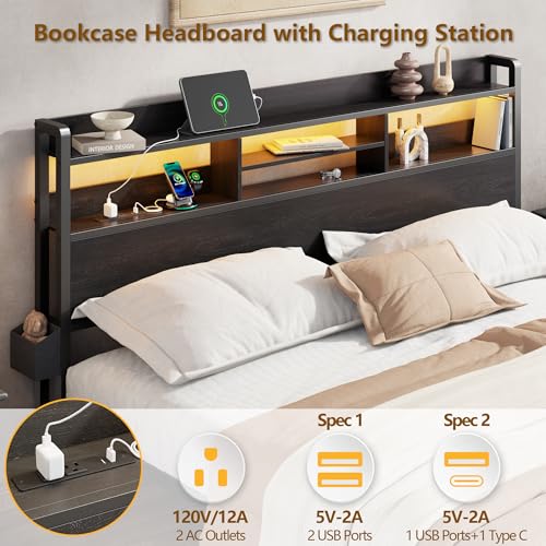 Full Size Metal Platform Bed Frame with LED Headboard, Charging Station & Drawers
