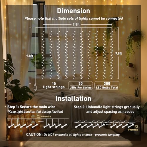 JMEXSUSS 300 LED Warm White Curtain Lights with Remote Control