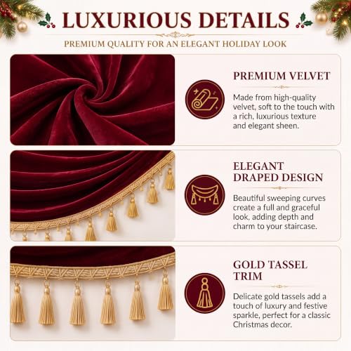 7.2 ft Burgundy Velvet Christmas Staircase Draping with 2 Large Bows