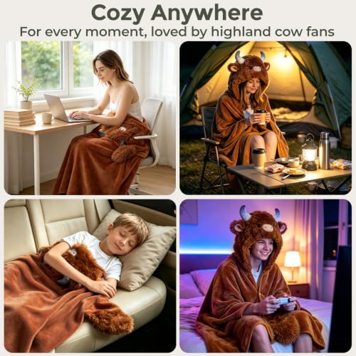 Highland Cow Wearable Blanket Hoodie - Oversized Plush Sherpa Blanket