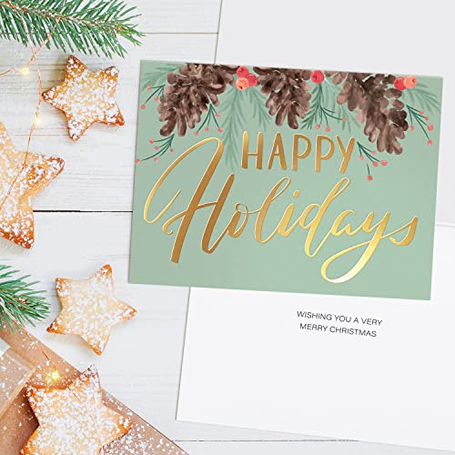24 Gold Foil Christmas Cards Set with Red Envelopes - Holiday Greeting Cards