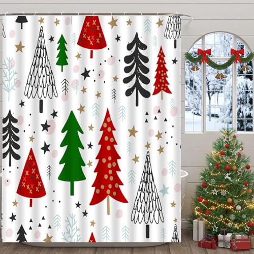 Cnayuep Red-White Christmas Shower Curtain Set 72x72 inches Waterproof Holiday Bathroom Decor