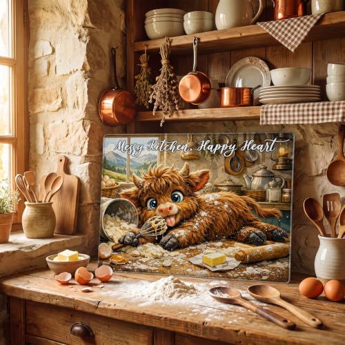 Kathfly Highland Cow Christmas Glass Cutting Board - Farmhouse Kitchen Decor
