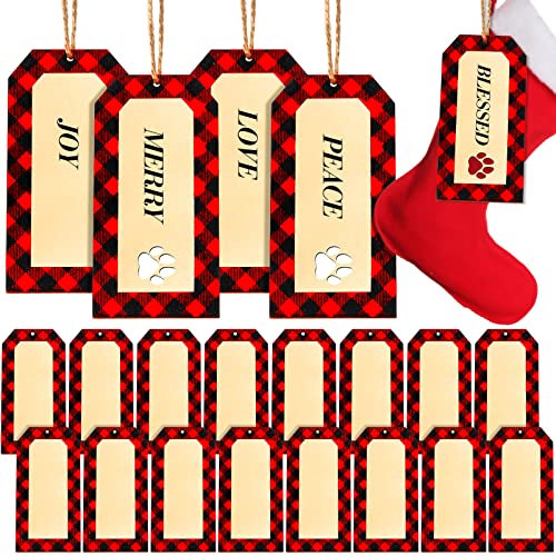 Christmas Stocking Name Tags Set - Wooden Holiday Labels with Dog Paw & DIY Design