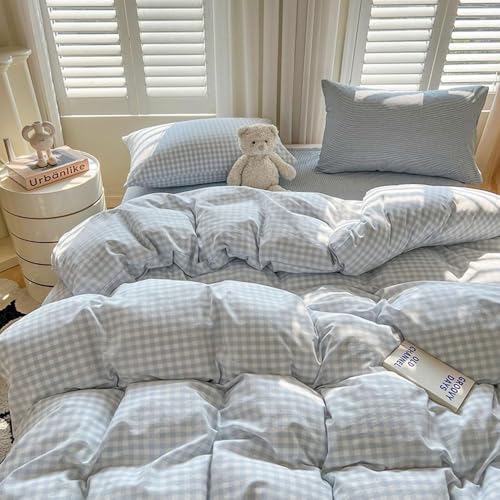 Blue Gingham Duvet Cover Set - Queen Soft Washed Microfiber Bedding