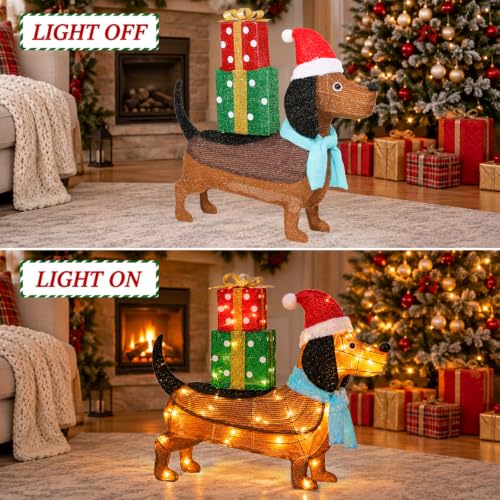 2.5ft x 2.3ft Lighted Christmas Dachshund Holiday Decor with Santa Hat & Gifts