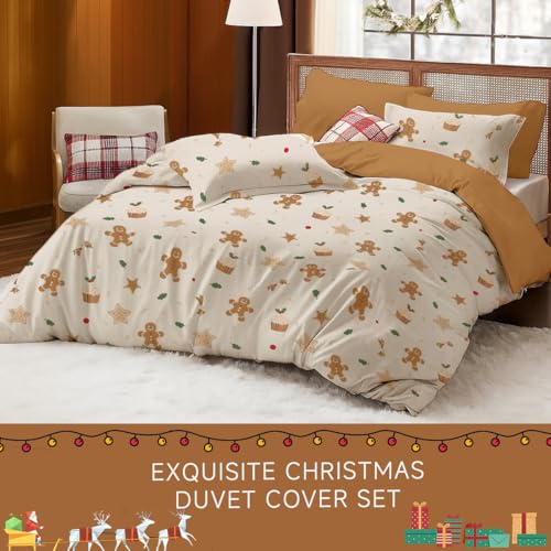 Erwinmu Christmas Duvet Cover Set, Queen Beige Cartoon – 1 Duvet Cover + 2 Pillowcases (No Comforter)