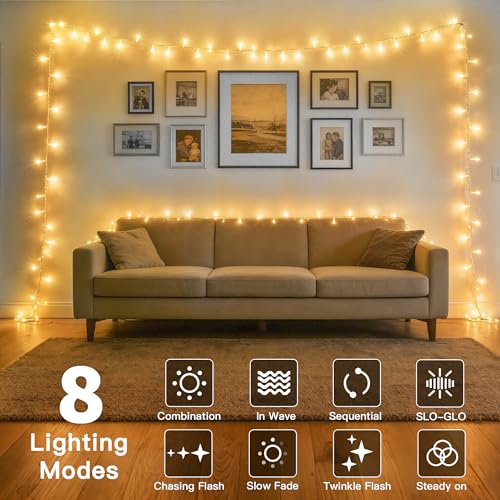 Ollny 2 Pack Battery Operated String Lights 200 LEDs Warm White Clear Wire - Indoor Outdoor Waterproof Decor