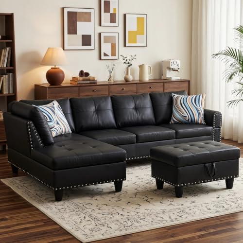 97.5" L-Shaped Modular Sectional Sofa with Storage Ottoman, Black Faux Leather