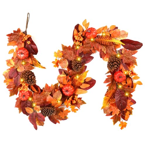 9ft Lighted Fall Garland with Timer, Autumn Maple Leaves & Pumpkins