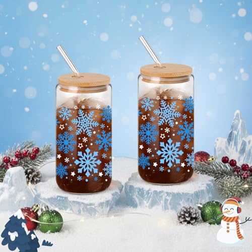 Yetene 24 Pack Snowflake Color Changing Glass Tumblers with Lids & Straws - Winter Holiday Drinkware