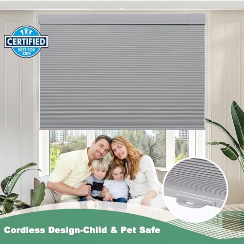 No Drill Cordless Honeycomb Shades, Thermal Insulating, Grey 22" W x 64" H