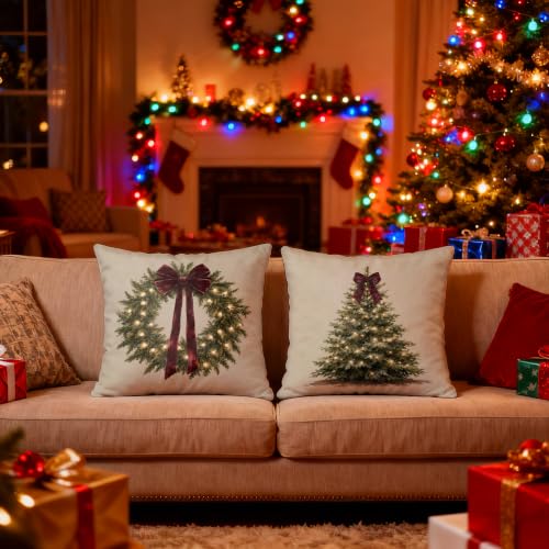 AWDSCHKJ Red Vintage Christmas Wreath Pillow Covers 18x18 Set of 2