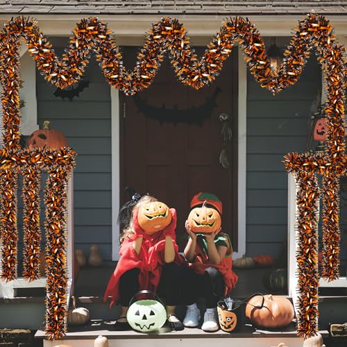 50ft Halloween Tinsel Garland - Metallic Orange & Black Hanging Decor