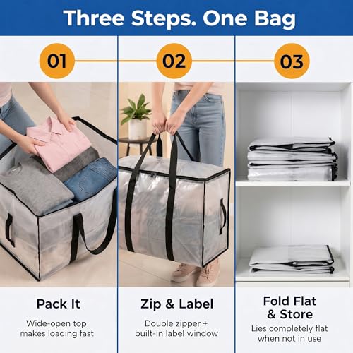 Heavy Duty Moving Bags with Backpack Straps and Zippers 6-Pack Clear