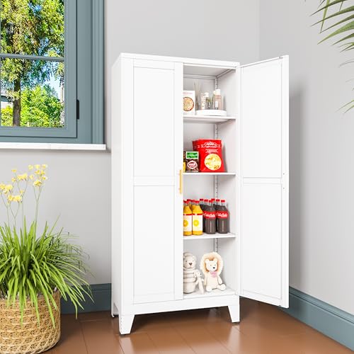 White Metal Kitchen Pantry Cabinet with 2 Doors & Adjustable Shelves