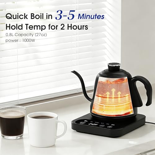 REXYHOME Matte Black 316L Stainless Steel Gooseneck Electric Kettle with Temperature Control