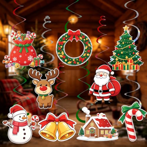 36PCS Christmas Hanging Swirl Decorations with Santa Reindeer Snowman & More