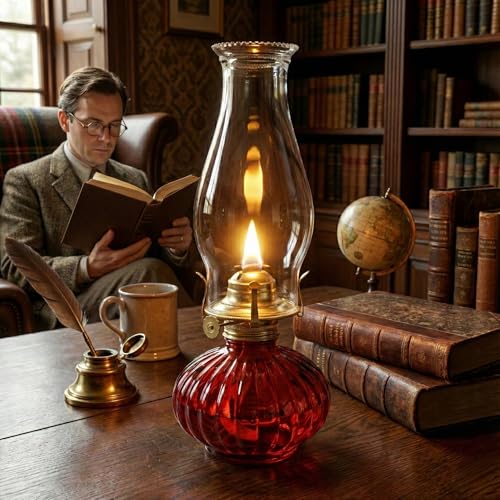 13-Inch Large Glass Kerosene Oil Lamp - Rustic Hurricane Lantern (Red)