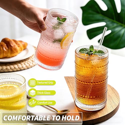 16 oz Hobnail Drinking Glasses with Straws, Vintage Embossed Set of 6