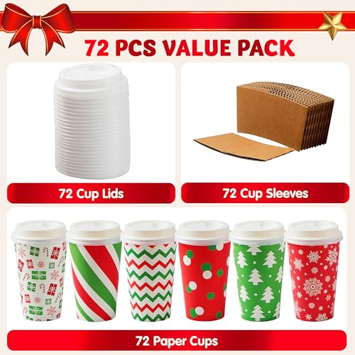 JOYIN Classic 72-Pack Christmas Disposable Paper Cups 16 oz with Lids & Sleeves