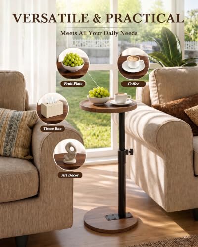 360° Swivel Side Table with Adjustable Height, Walnut Round Snack Tray