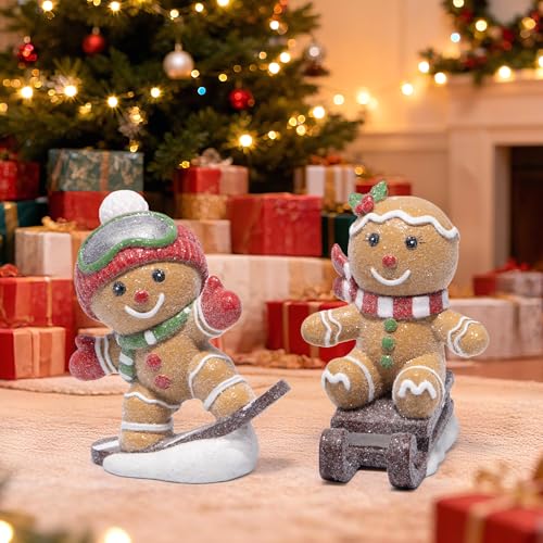 Hodao Christmas Gingerbread Ski & Sled Figurines Set - Indoor Holiday Decor, 2 Pieces