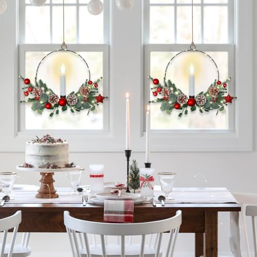 2Pack Christmas Wreath with LED Candle Lights Pine Cones Berries - Red & Green