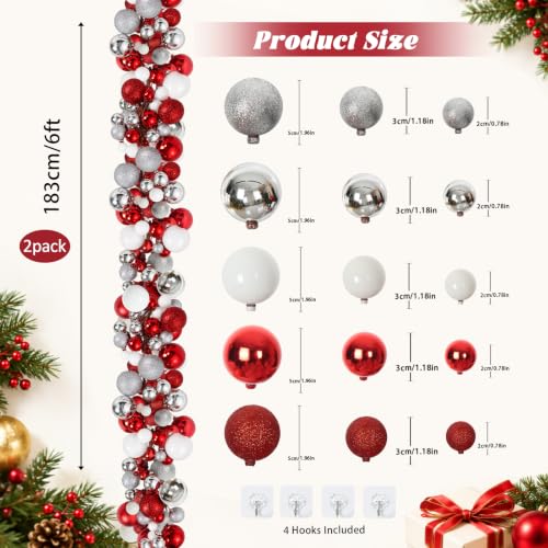 RECUTMS 2 Pack 6ft Silver Red White Christmas Garland Ornaments - Shatterproof Decor