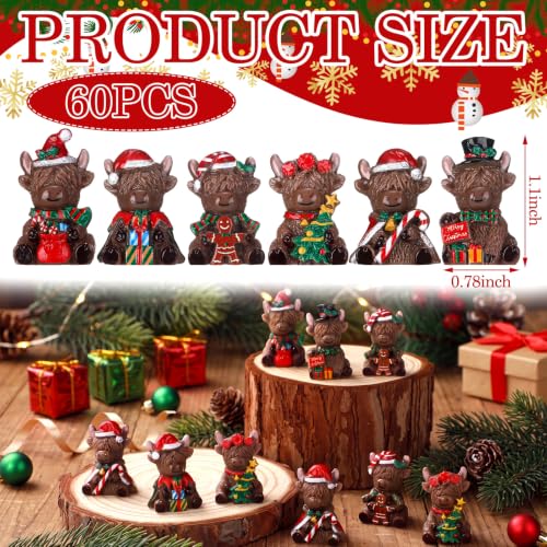 Yaomiao 60 Pcs Christmas Mini Resin Highland Cow Figurines - Holiday Decor Set