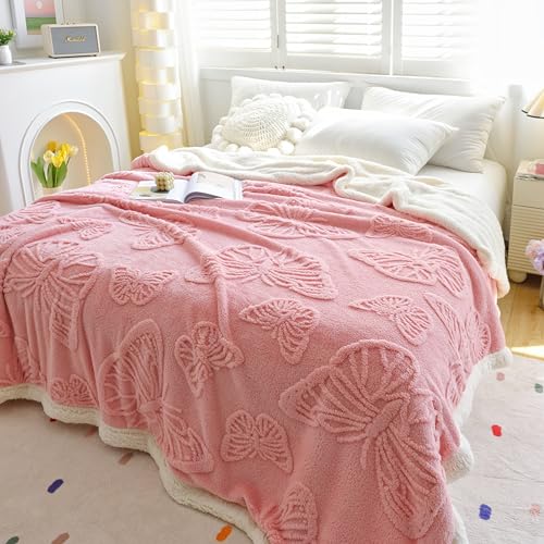 UKELER Pink 60x80 Inch Sherpa Fleece Blanket - Soft Twin Size Throw for Bed Couch All Season