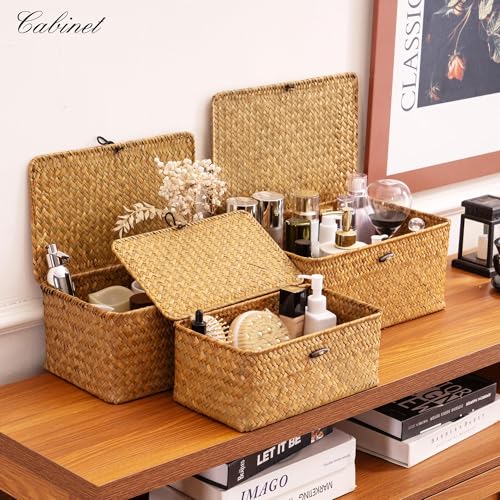 Wicker Storage Basket with Lid, Hand-Woven Seagrass Basket Set of 3