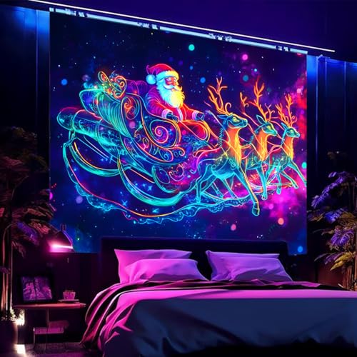 Black Light Tapestry – Merry Christmas UV Reactive Wall Hanging, Santa & Elk, 79x59 Unframed