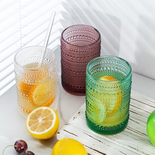 15 oz Hobnail Drinking Glasses with Straws, Set of 6 Vintage Glassware