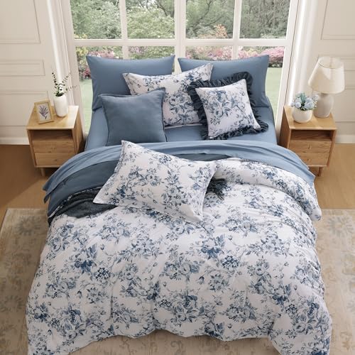 Queen Comforter Set 7-Piece - Blue Floral Soft Bed in a Bag with Sheets