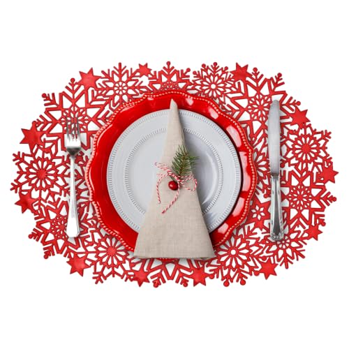 HADEEONG Snowflake Placemats Set of 6 - Red, PVC Dinner Mats 17.7 x 11.8 in