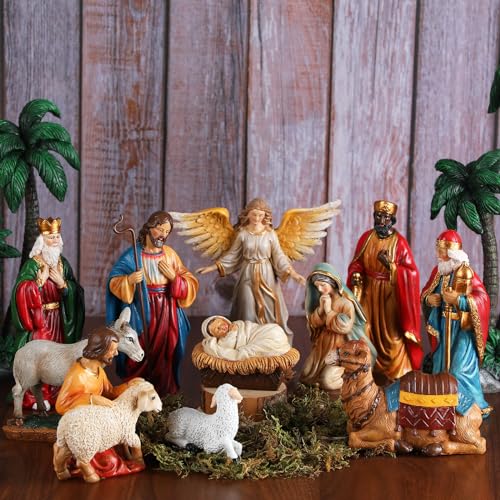 Nativity Scene Figures Set for Christmas - 12 Hand-Painted Resin Holiday Decor, 7 Inch Baby Jesus, Mary, Joseph, Kings, Animals, Stable & Palm Tree