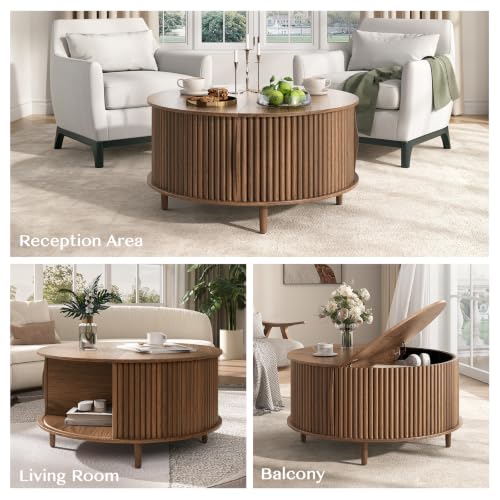 31.5-inch Round Coffee Table with Hidden Storage, Walnut Mid-Century Modern