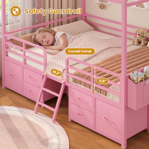 Full Size House Bed Frame with 6 Storage Drawers and Safety Guardrail