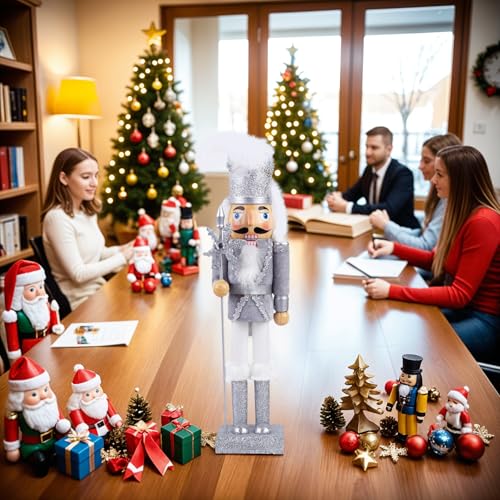 15-Inch Silver Glitter Christmas Nutcracker Figure for Holiday Decor
