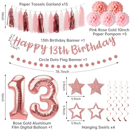 13th Birthday Decorations Kit for Girls, Pink and Rose Gold Party Supplies