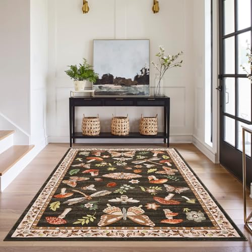 4x6 Rug Non-Slip Washable Carpet - Mushroom Soft Low-Pile Stain Resistant Foldable Rugs for Nursery Kitchen Bedroom Living Room Entryway Indoor Mat with Rubber Back Brown