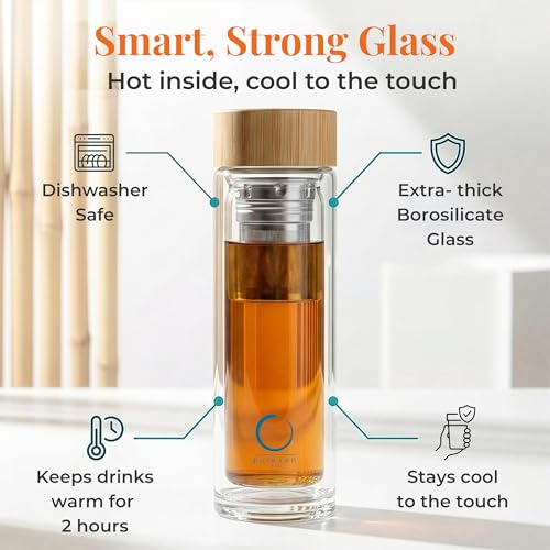 Pure Zen Tea Glass Infuser Bottle – Leakproof Travel Tea Tumbler with Stainless Steel Strainer, 15 oz