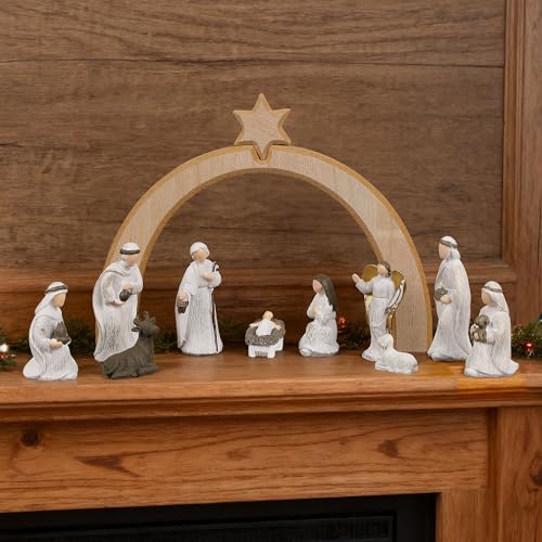 11-Piece Christmas Nativity Set with Wooden Arched Stable & Resin Figurines